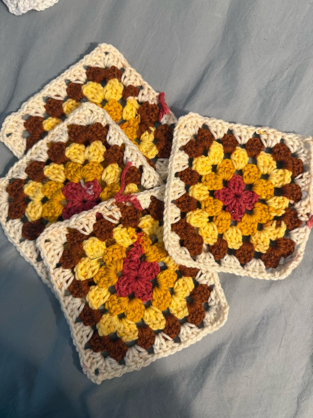 4 Handmade Crochet Granny Square Coasters - Cream, Mustard, Brown, Rose